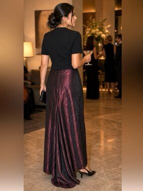 Vintage 90s Burgundy Black Sheen Maxi Skirt Godet • Formal & Evening 4 seasons